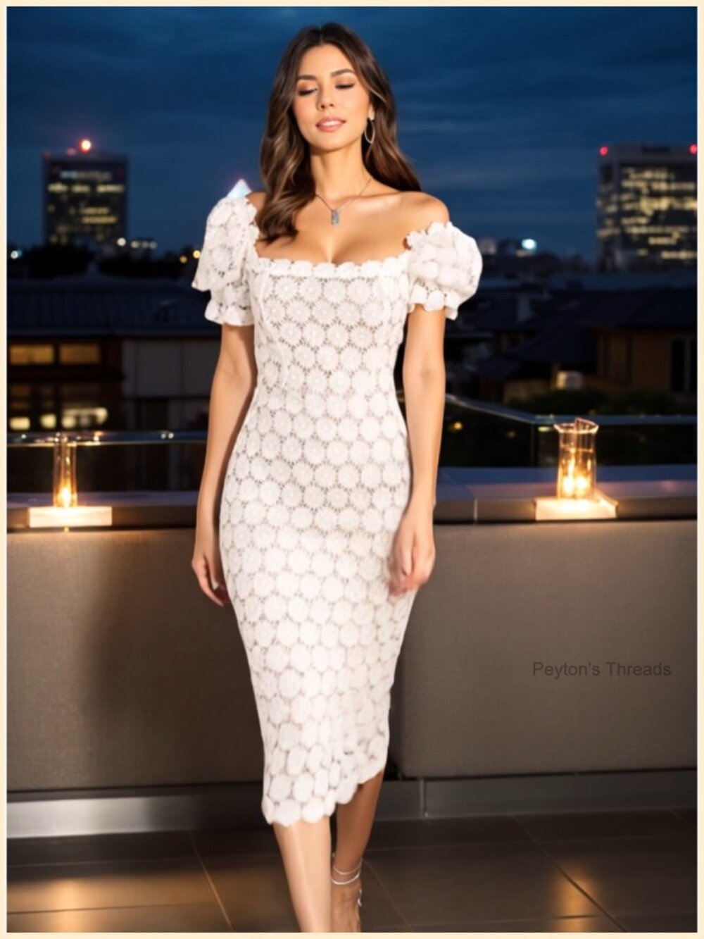 Romantic White Lace Midi Dress Bodycon Floral Sheer Wedding Guest Cocktail - Picture 7 of 7